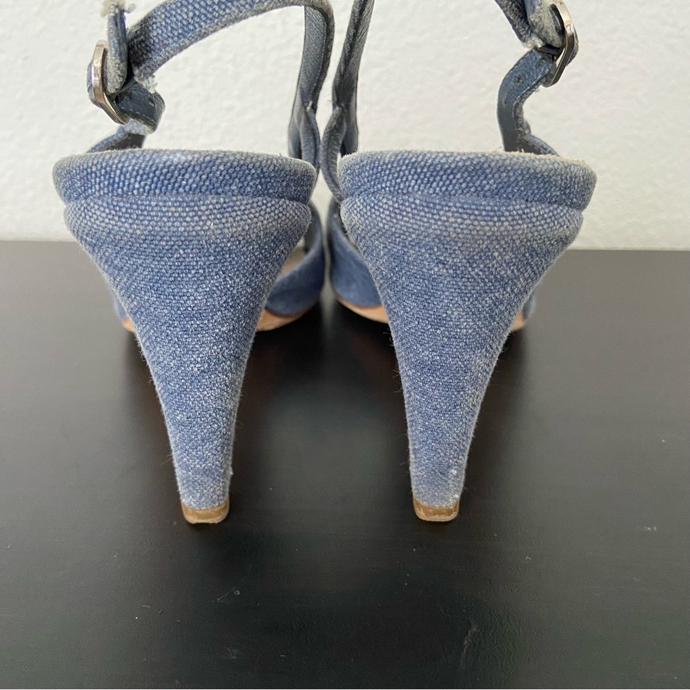 CHANEL Denim Camellia CC Logo Sandals Heels Open Toe Slingback 37.5 - Picture 11 of 16